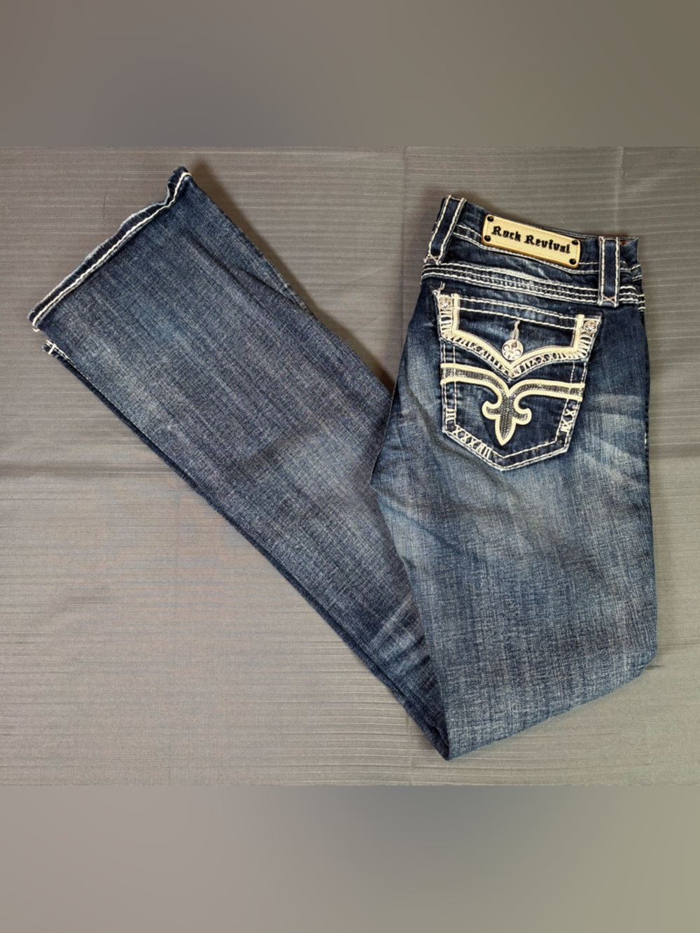 Rock Revival Maria Boot Jeans Womens 29 Embroidered Sequins Fleur De Lis Stretch